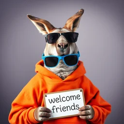 a portrait photo of a ( kangaroo ) ( wearing an orange hoodie ) and ( blue sunglasses ) holding a sign on the chest that says welcome friends
