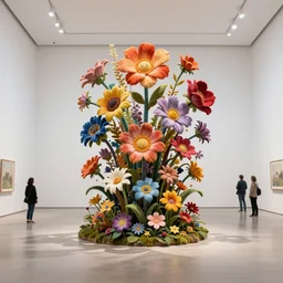 etablishing wide view shot of stunning colorful intriguing cute * poetic * living sculpture of a mythic flowers living form by * beth cavener * in empty white space exposition. elegant flowers living form. with collaboration of ellen jewett, ghibli, beth cavener, sayaka ganz, edouard martinet, john o'reilly, judith klausner. joyfull