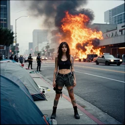 Cinestill 50d candid extreme wide shot of a poor techwear mixed woman outside of a futuristic Los Angeles on fire, cyberpunk, tattoos, homeless tents on the side of the road, military police, 4k, extreme long shot, desaturated, full shot, action shot, blurry, 4k, 8k, hd, full color