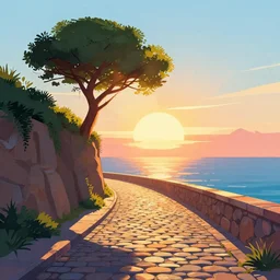 a lonely cobblestone street with a tree on a cliff over the sea at sunset, backlighting, brightly illuminated by rays of sun, artstation, colorful vector illustration, by Brian Taylor