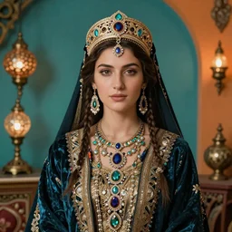 a gorgeous awe-inspiring goddess like portrait of a lady in traditional Armenian attire, wearing highly detailed jewelries and ornaments, photorealistic portrait by Da Vinci and Picasso, beautiful face, beautiful portrait lighting, teal and orange colored background with traditional lampstands and furnitures, artstation, smooth