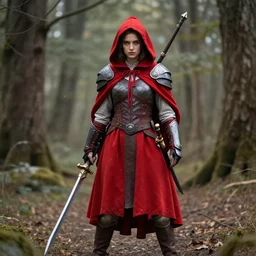 full shot photo of red riding hood warrior with weapons