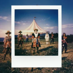 polaroid of a surreal artsy dream scene, weird costumes, circus, double exposure