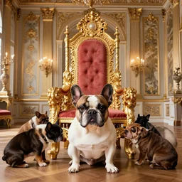 8k highly detailed photo by David Bailey of A French Bulldog Louis XIV, decadent throne room, the other animals prostrate themselves before the throne, French architecture