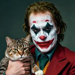 Mauricio Macri in Elaborate Joker Makeup and prosthetics designed by Rick Baker, Hyperreal, Head Shots Photographed in the Style of Annie Leibovitz, Studio Lighting, Mauricio Macri with an angry cat in his hand