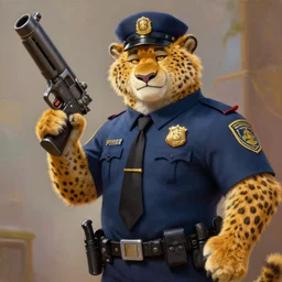 cheetah with high detail, in policeman suit with massive gun in the hand, zootopia stile, furry, realistic, warrior, cinematic keyframe, concept art, artstation trending, cgsociety, oil painting, by wadim kashin, artherm, greg rutkowski, 8 k uhd
