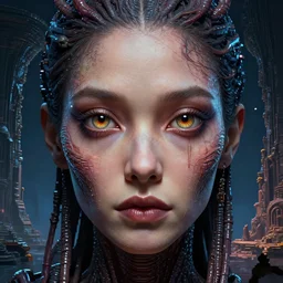 full - face close - up portrait, hyperrealistic eyes, promethean alien engineer, your mom is a cosmic horror by bruce brenneise and h r giger, alien ancient ruins in background, 3 d render, neosurrealism. digital concept art, pixel art, rendered in octane, trending on cgsociety, trending on artstation