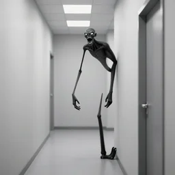 a tall black skinny, intelligent and menacing monster is roaring from behind a wall in a cramped empty liminal office hallway with dull yellow wallpaper and old moist yellow carpet, tilted frame, intricate, fluorescent lighting lit from above, ultra 4 k, intricate, realistic