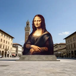 A marble sculpture of The Mona Lisa in the middle of an empty Italian piazza, midday, 4k photograph, sunny day, low angle