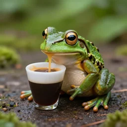 mad frog drinking coffee. nature photography.