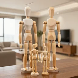 a real estate home interior photo. a wooden mannequin family,