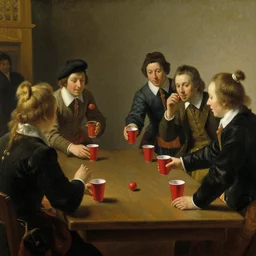 Dutch oil painting from 1600s: Students playing beer pong on a table at a party, red solo cups, beer pong