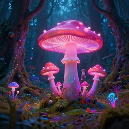 A realistic strange neon lanscape, realistic, 4k resolution, detailled, realistic shaders, neon mushrooms, mushrooms particles, painting, forests, strange neon plants, realistic, detailled.