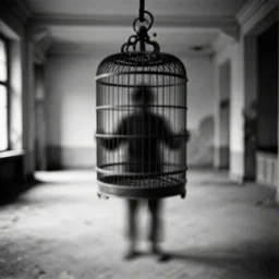 a grainy photo of a shadowy figure in a birdcage in an old abandoned hall, black and white, motion blur, long exposure