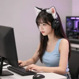 cute woman wearing tank top and cat ears plays on computer