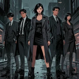 female detective long tailored overcoat, dress, combat boots, in a dark city in the rain, surreal, comic book, concept art by enki bilal, sam kieth, shinji aramaki, greg rutkowksi, andrew ferez