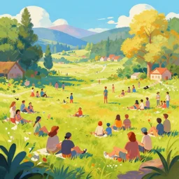 painting of a colorful landscape full of friends, digital painting, artstation, concept art, hd, illustration, art by tokenin, trending on instagram