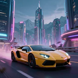 photo - realistic synthwave lamborghini driving through neon future city towers with mountains in background