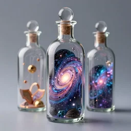 Beautiful glass bottles with the multiverse inside. Fantasy. Super detail, 4k, wow, artstation trending.