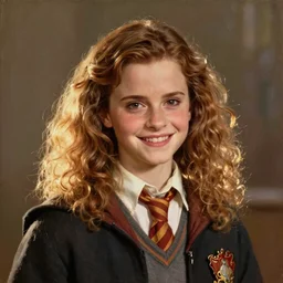 Painting of Emma Watson as Hermione Granger. Smiling. Happy. Cheerful. Art by william adolphe bouguereau. During golden hour. Extremely detailed. Beautiful. 4K. Award winning.