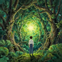 a man standing astonished, fractal forest, hyper detailed, fractal essence, transcending, infinity, miyazaki, illustration, dan seagrave