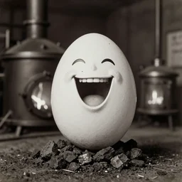 wet plate photograph portrait of large laughing egg in victorian era boiler room, coal inferno