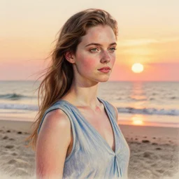 a photorealistic colored pencil sketch of Jane Seymour at the beach during sunset This 4K HD image is Trending on Artstation, featured on Behance, well-rendered, extra crisp, features intricate detail and the style of Unreal Engine.