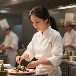 animation frame of an attractive female chef ( long dark hair tied in a ponytail ) cooking a meal, closeup portrait, ( ( wholesome, ) ) blurry background, depth of field, kitchen of a highend restaurant, bloom, medium shot, waist up, dramatic lighting, in the style of studio ghibli, j. c. leyendecker, greg rutkowski, artgerm