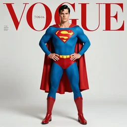 superman fashion in the 7 0's. studio photo pose. vogue magazine cover with text. highly detailed