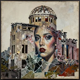 be my great destroyer hiroshima detailed analogue mixed media collage with canvas texture in style of contemporary art, punk art, hyperrealistic beautiful face, photorealistic, expressionism, masterpiece, perfect composition, spectacular quality torn paper, intricate oil details, broken glass