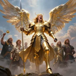 dynamic fullbody portrait of a powerful magical warrior screaming to the sky, armed with elaborate spear, angelic wings, golden armor, by greg rutkowski and gaston bussiere and craig mullins and j. c. leyendecker, volumetric lighting, hd