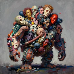 large creature made from many different human body parts clumped into one, painting, dystopian art, beksinski, keith thompson, junji ito, vibrant deep colours, bleak, minimal background, horror