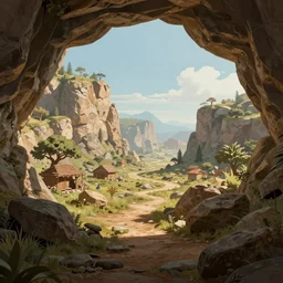 a pre historic landscape seen through a cave entrance, digital art, trending on artstation