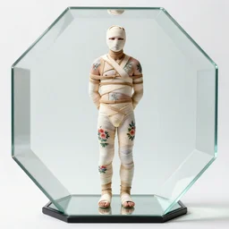 an ultra detailed photograph of a solitary man bound in strapping and bandaids from head to toe. he is painted and pasted in floral patterns. bright lighting and perfect focus in a glass octahedron.