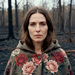 closeup portrait of a woman wearing a cloak of roses in a charred, burnt forest, by Annie Leibovitz and Steve McCurry, natural light, detailed face, CANON Eos C300, ƒ1.8, 35mm, 8K, medium-format print