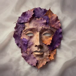 portrait face made of dry leaves, violet and orange light, foggy milk silk background, elder ring