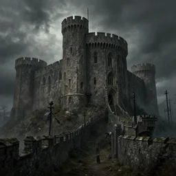 harrenhall castle from westeros by greg rutkowski, artstation and rodney matthews, extremely hyperdetailed, grim atmosphere, iron architecture, foreboding evil vibe, ominous, ramparts, bulwarks, gallows