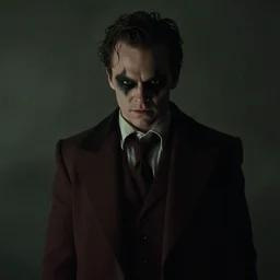 film still of Paul Dano as Riddler in a The Batman movie, 4k, dark muted colors!!!!!, low saturation!!!!!, low saturation, dim lighting!!!, heavy shadows!!!, grainy footage