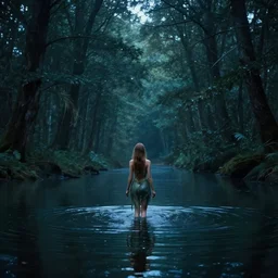 forest nymph rising from the water. view from behind, wide angle view, back view. nuri iyem, james gurney, james jean, greg rutkowski, anato finnstark. trending on artstation, starlight, and enchanted dreams. instagram photo shoot, sigma 3 5 mm, award winning photography, cinematic