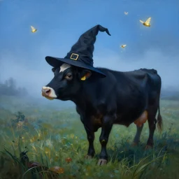 a detailed matte landscape painting of a cow standing in a grassy field wearing a witch hat, cow wearing hat!!!! viewed in profile, fog and flying glowing moths in the background, ultrawide lens, aerial photography, black and blue color scheme with gold highlights, art by paul kidby in a silly and cartoony art style, 8 k