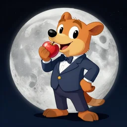 a drawing of crash bandicoot wearing a suit, eating apples on the moon