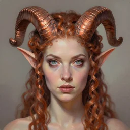 A head-on, symmetrical detailed oil portrait of an elf woman with curly copper horns and bright irises, by greg rutkowski, trending on artstation, dungeon and dragons art