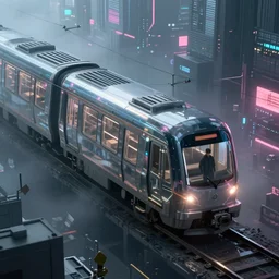 cyberpunk moody isometric scene with glassy futuristic train and a man standing inside of it, high angle. With foggy cyberpunk neon city as a background. Digital art, octane render, unreal engine, realistic