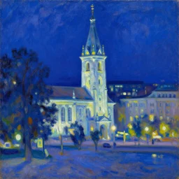 belgrade at night, arkhip kuindzhi painting, oil painting, luminous light, blue palette
