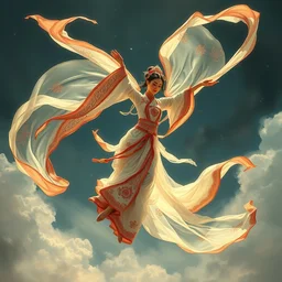a chinese princess dance in aerial, fairy, han dynasty, dunhuang style, mythology, ornate, silk, streamer, spinning in the sky, by stanley artgerm lau, greg rutkowski, victo ngai, alphonse mucha, loish, norman rockwell