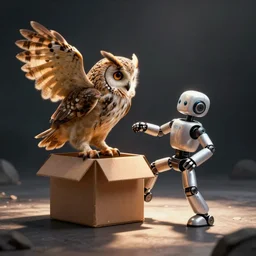 an owl trying to force a robot back into a box