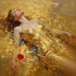 abstract oil matte painting, woman partially submerged in golden acrylic liquid, red dollops, blue strains, wonderful masterpiece highly detailed, beautiful cinematic light deep focus, elegant, smooth, sharp focus, golden ratio, dramatic illumination, ultra realistic, 8 k, art by kristina alisauskaite and caravaggio