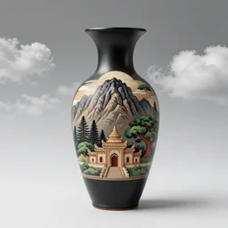 decoration on obsidian vase, africa, mountain, maritime pine, oaks, trees, architectural, temples, wide angle, puffy clouds, skies behind, stars in sky, moon, italian masterpiece, ashford black marble with golden veins, sculpture, drapes, ocher details, still life, render, artstation, ultra detailed