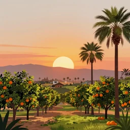 “vintage Anaheim california orange grove at sunset illustration, 4k post-processing highly detailed by wlop, Junji Murakami, Mucha Klimt, Sharandula, Hiroshi Yoshida, Artgerm, Craig Mullins,dramatic, moody cinematic lighting”