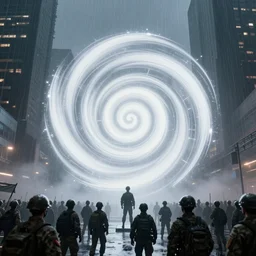 army protecting a spiral - shaped bright white luminous attractor right in the center of the city from protesting people, crawd of people, rain and light fog, professional lighting, concept art in 3 d, high detail, professional lighting, unreal engine